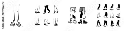 Human legs and feet demonstrating various walking poses and footwear styles