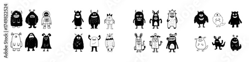 Collection of cute and scary cartoon monsters and alien characters in black and white