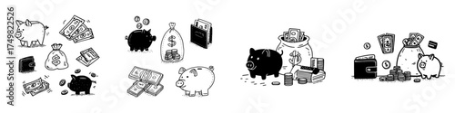 Doodle icons of piggy banks money bags wallets and coins for savings