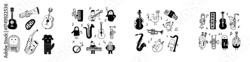 Whimsical hand drawn musical instruments and characters performing