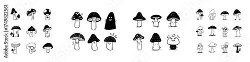 Cute hand drawn mushroom characters with expressive faces in doodle style