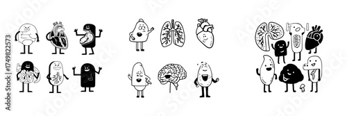 Cute cartoon human internal organs characters set black and white outline