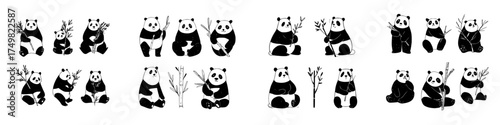 Collection of cute black and white panda bears with bamboo illustrations