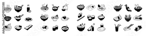 Collection of hand-drawn Japanese food icons featuring ramen and sushi dishes