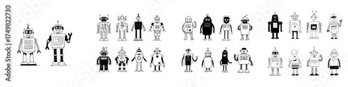 Collection of various retro and modern robot characters in black and white outline style