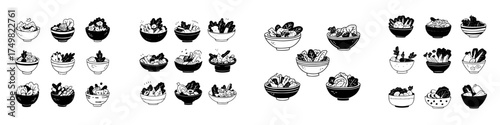 Hand drawn salad and vegetable bowls icons in black and white style