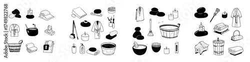 Black and white icons set for spa relaxation and sauna accessories