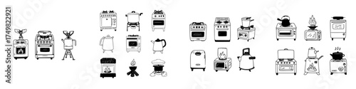 Assortment of cooking stoves and heating appliance symbols for kitchen and camping
