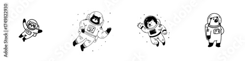 Adorable cartoon animals wearing astronaut suits floating in deep space