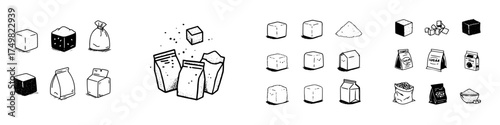 Hand drawn icons of sugar cubes, loose grains, and various packaging types