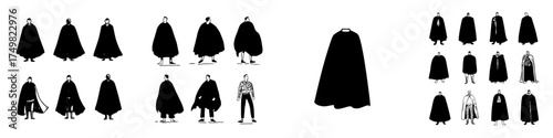 Stylized black and white figures wearing various dramatic capes and cloaks
