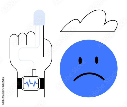 Hand wearing a health tracker with vital signs, sad blue face, and cloud above. Ideal for mental health awareness, stress management, wellness technology, emotional health, healthcare innovation