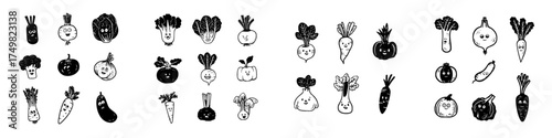 Set of charming hand drawn vegetable icons featuring funny expressive faces