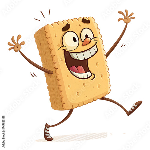 Excited cartoon cracker character jumping with a wide funny grin and arms raised