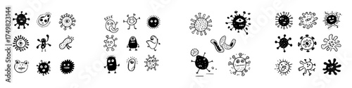 Funny hand drawn cartoon microbe and virus characters collection set