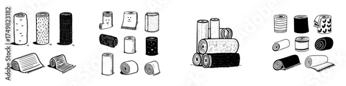 Assortment of rolled and folded textile items rendered in a simple doodle style