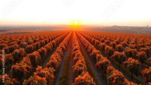 Sunset over a sprawling vineyard, warm orange light reflecting off ripe grape clusters and golden-red leaves of autumn. Generative AI