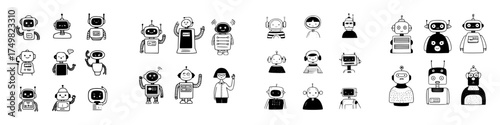Collection of various cute and funny doodle style robot characters icons