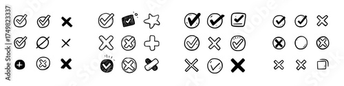 Set of hand drawn check mark and cross icons in various doodle styles