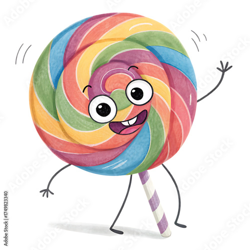 Cheerful swirly rainbow lollipop with big googly eyes dancing joyfully fun candy character