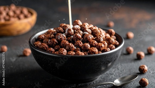A black bowl filled with spherical, chocolate-flavored cereal. Milk is being poured into the cereal. Additional cereal and a wooden bowl are blurred in the background