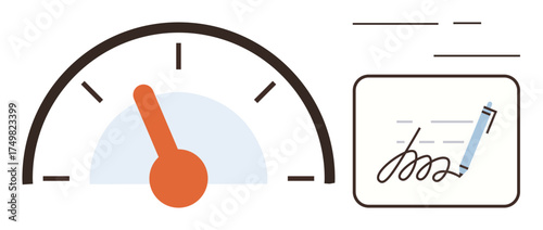 Speedometer with orange needle and signed document with pen emphasize performance, efficiency, and speed. Ideal for business operations, productivity, workflow optimization, commitment, quality