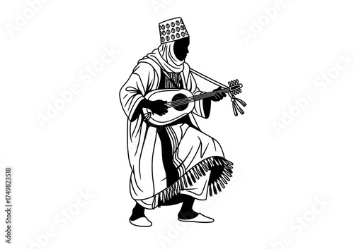 Traditional Moroccan Gnawa Musician Playing the Guembri Vector Illustration