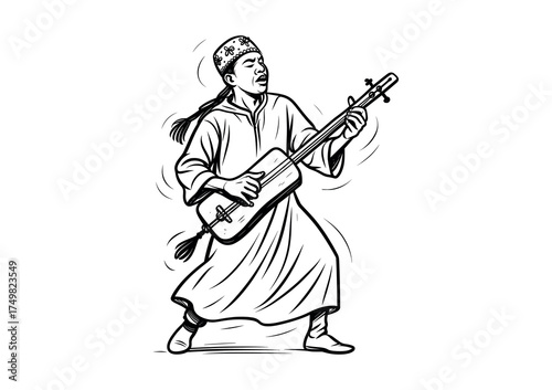 Traditional Moroccan Gnawa Musician Playing the Guembri Vector Illustration