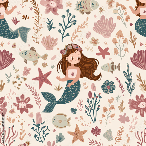 Mermaid pattern, girly mermaid underwater animals star fish, and flowers, baby fish and background cream