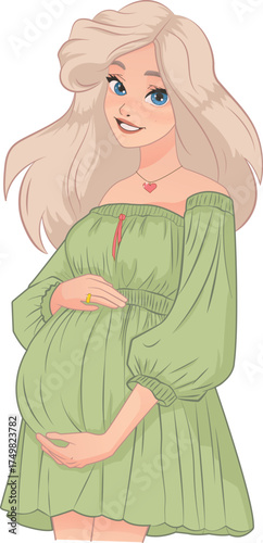 An artistic illustration depicting a pregnant blonde girl in a green dress standing. Vector design in cartoon anime style