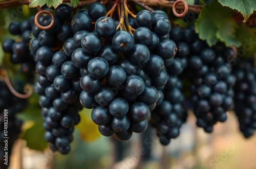A frontal view of dark purple grapes hanging on a vine with curling tendrils, soft light enhancing color richness and texture details. Generative AI