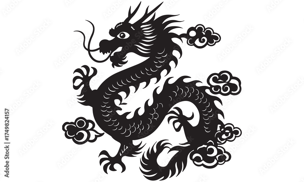 Obraz premium Powerful Chinese dragon art symbolizing strength, prosperity, and protection. These traditional dragon illustrations showcase intricate details and bold designs, perfect for tattoos, cultural art.