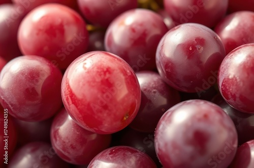 Macro image of ripe red grapes, each fruit reflecting soft daylight, revealing smooth surface texture and subtle tonal variation. Generative AI