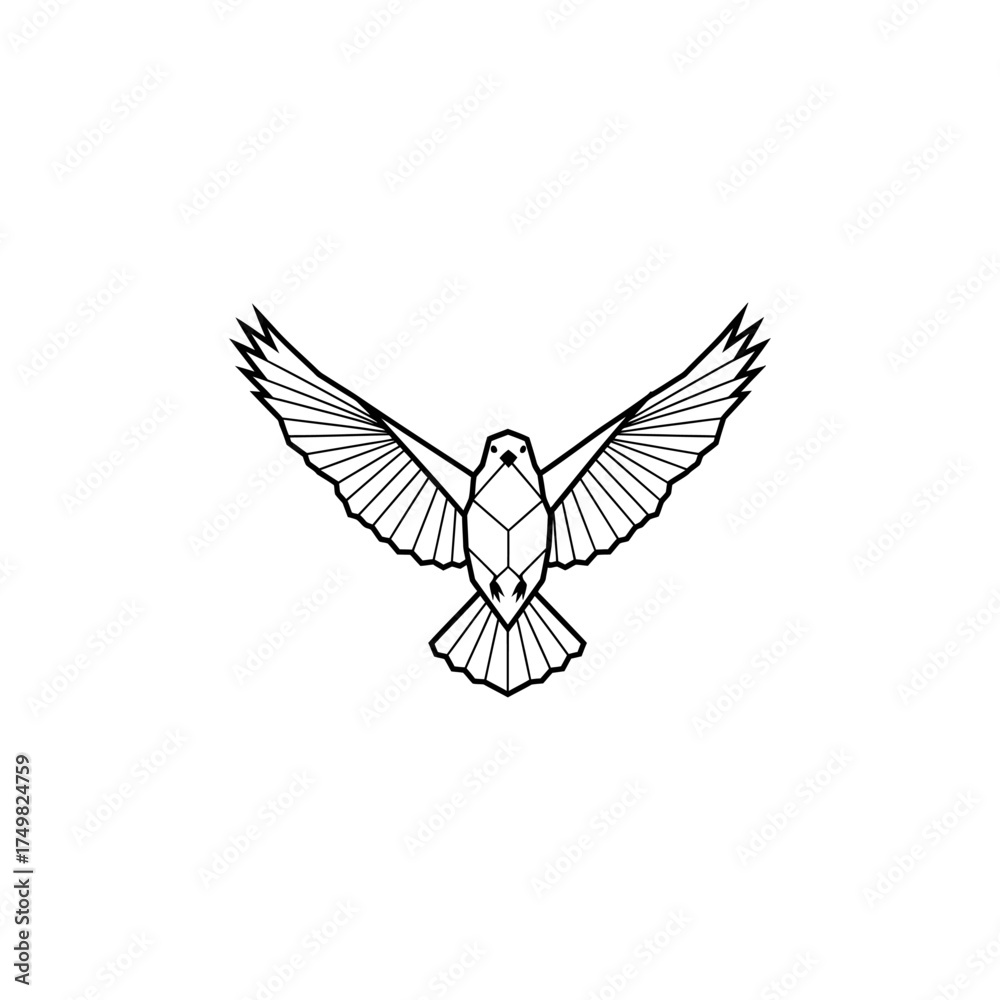 Naklejka premium Geometric bird in flight, wings spread, line art on white, simple and clean image