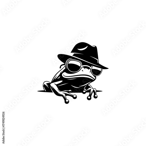 Monochrome frog wearing a fedora and sunglasses, peering over a ledge