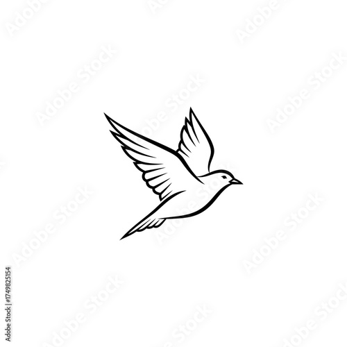 Line drawing of bird in flight, wings partially extended, against white background