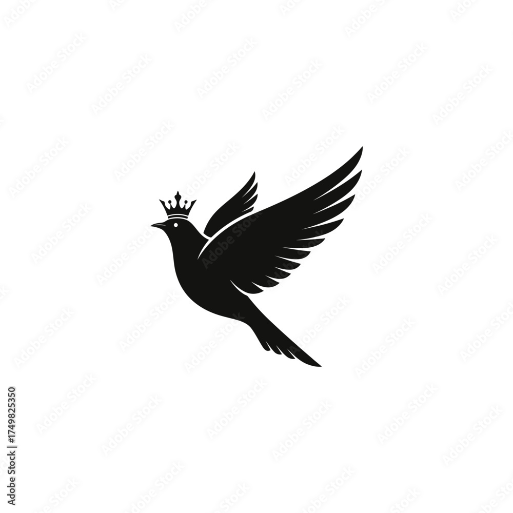 Obraz premium Black silhouette of a flying bird wearing a crown on its head, against a white backdrop