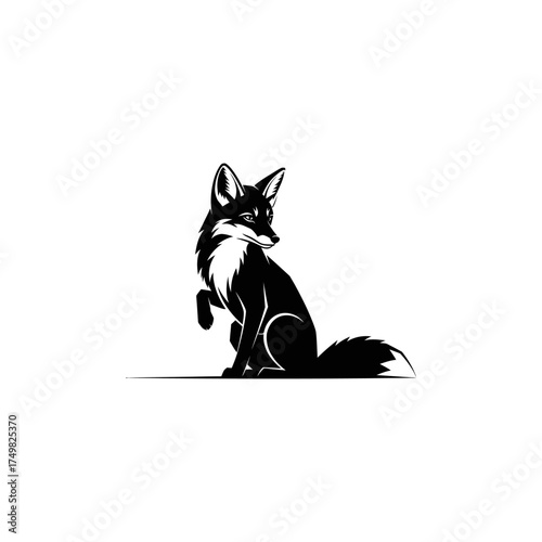 Elegant black and white stylized fox sitting with one paw raised, looking sideways