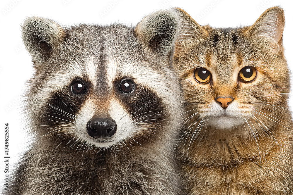 Obraz premium Domestic raccoon and cat in New Year's hats looking at camera, Christmas and New Year concept, isolated on white background.