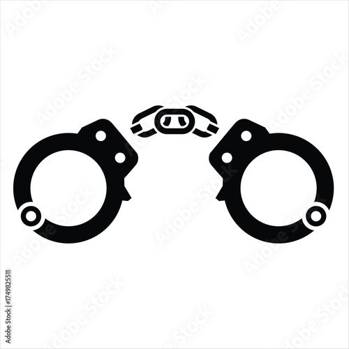 Simple black and white illustration of open handcuffs used by police as a powerful symbol of detention and criminal justice system.