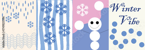 Winter Vibe poster set with snow patterns, snowman illustration, and blue snowflake designs. Minimal winter art collection for seasonal greeting cards, digital banners, and holiday decor templates.