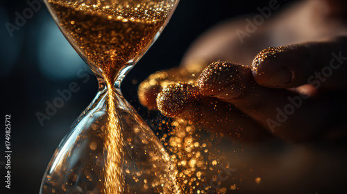 An antique hourglass with sand flowing inside a desert landscape symbolizes the passing of time and a crucial deadline