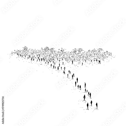 Sketch of a crowd of people walking away from a town with houses and buildings in black and white style