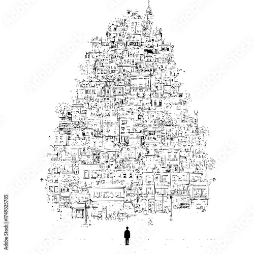 A complex architectural structure composed of numerous buildings and a lone figure standing below it all