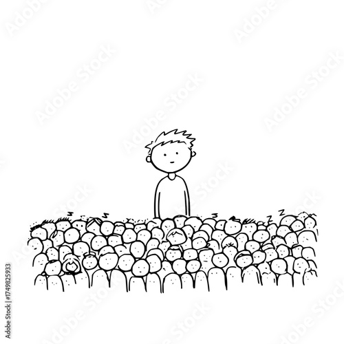 A simple drawing of a person standing out from a large crowd of people with music notes and zzz above them