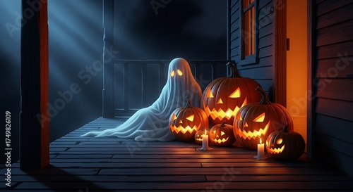 Wallpaper Mural Eerie Halloween Night: Ghostly Figure and Glowing Pumpkins on a Wooden Porch Torontodigital.ca