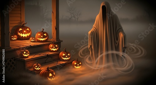 Wallpaper Mural Eerie Halloween Night: Ghostly Figure and Jack-o'-Lanterns on a Foggy Porch Torontodigital.ca