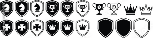 Game chess icon set collection group with knight shield, trophy, crown and emblem isolated on transparent background in black and outline line style, vector illustration design bundle elements