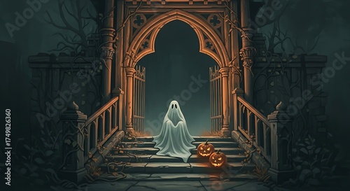 Wallpaper Mural Ghostly Apparition on Stone Steps with Jack-o'-Lanterns Under Gothic Archway Torontodigital.ca