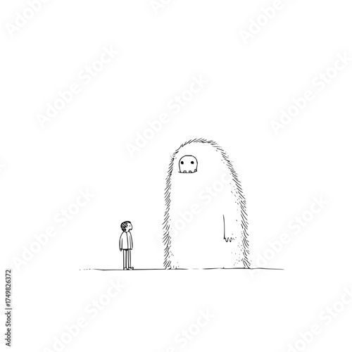 A small person looking up at a large furry monster with a skull like face in a black and white drawing